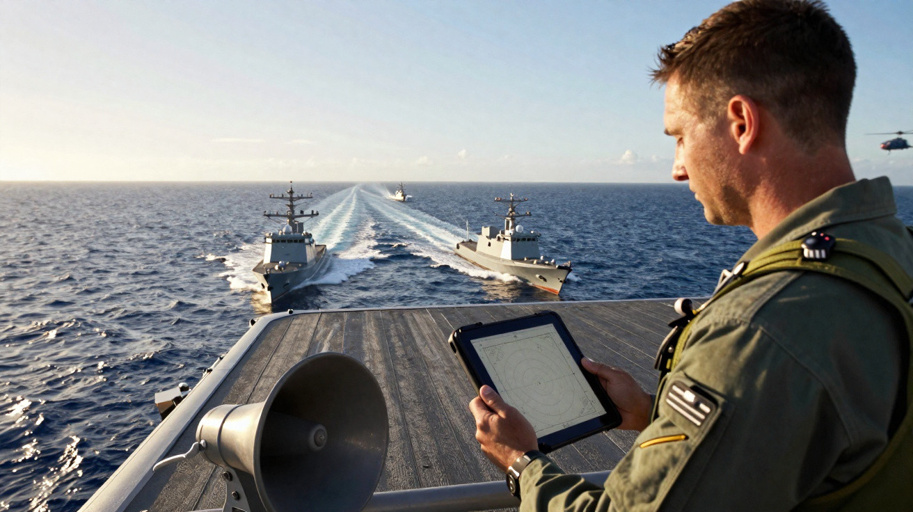 Militar segurando tablet e monitorando navios de guerra no oceano durante operação naval ao pôr do sol.