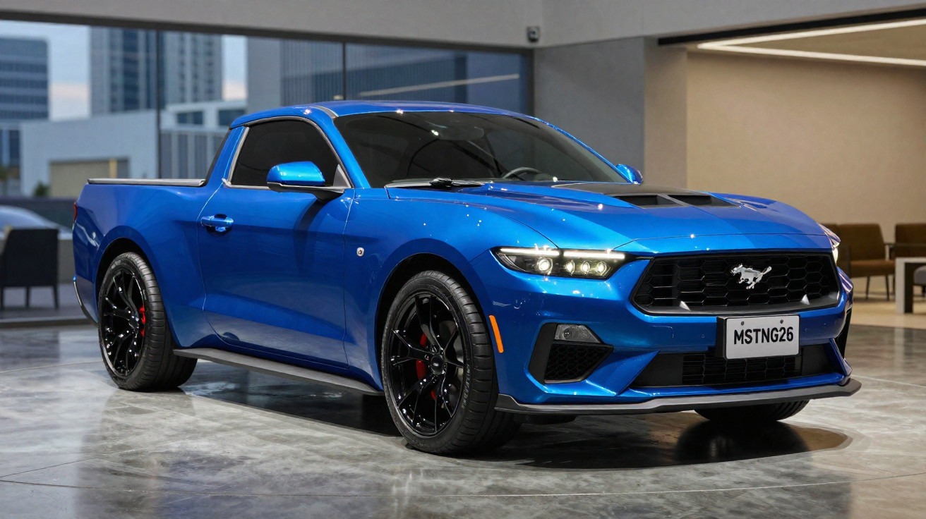 Picape esportiva azul Ford Mustang Mach 1 2023 em garagem com rodas pretas e grade frontal com cavalo alado.