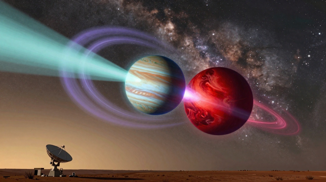 Observatório terrestre captando sinais luminosos entre dois planetas coloridos com anéis no espaço sideral.