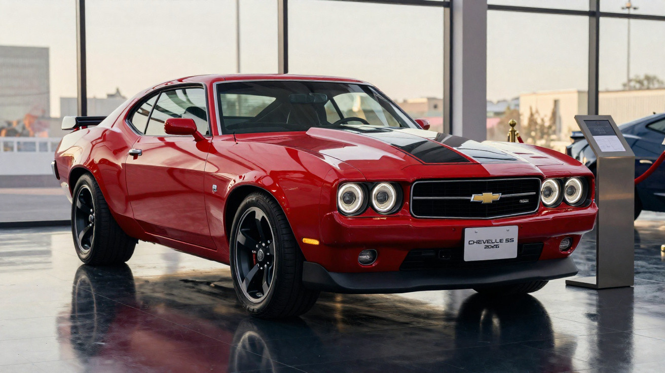 Carro esportivo Chevrolet Chevelle SS 1970 vermelho com faixa preta exposto em salão moderno.