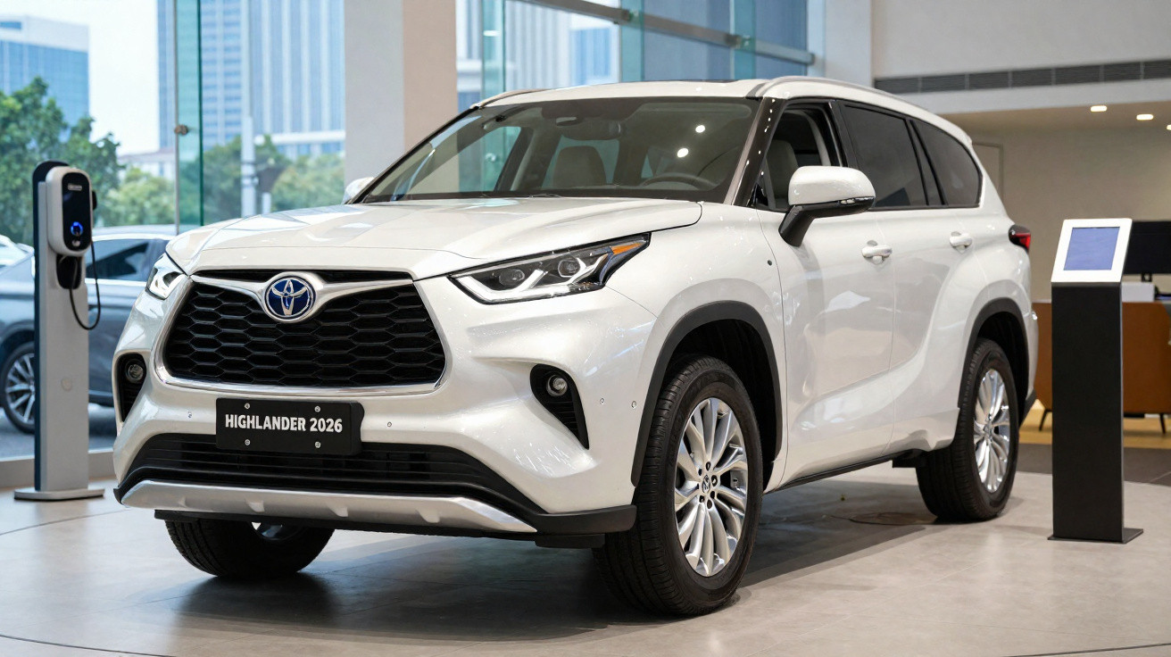 Toyota Highlander 2026 branco estacionado em showroom moderno com carregador elétrico ao lado.