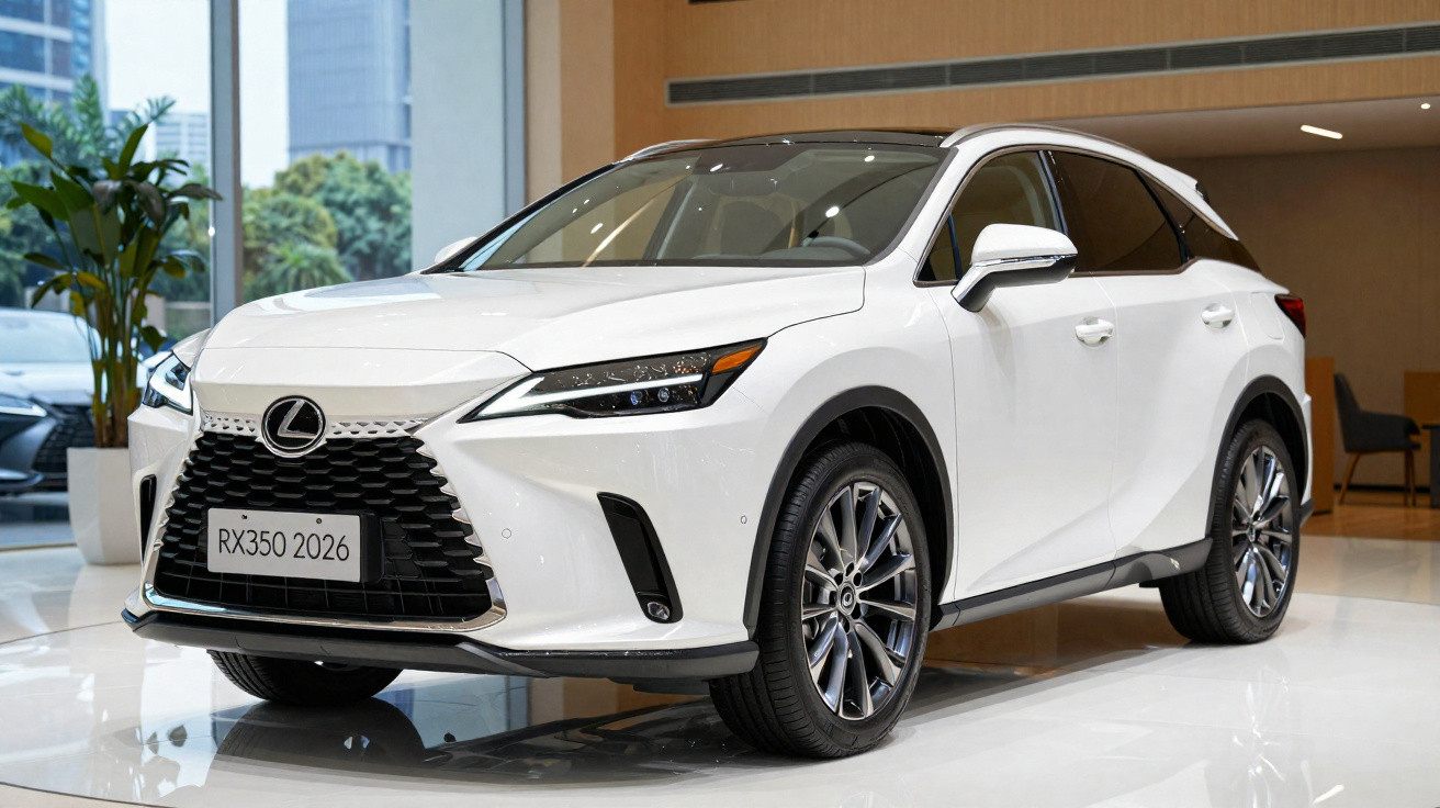 SUV Lexus RX350 2026 branco exibido em showroom moderno com piso branco e decoração minimalista.