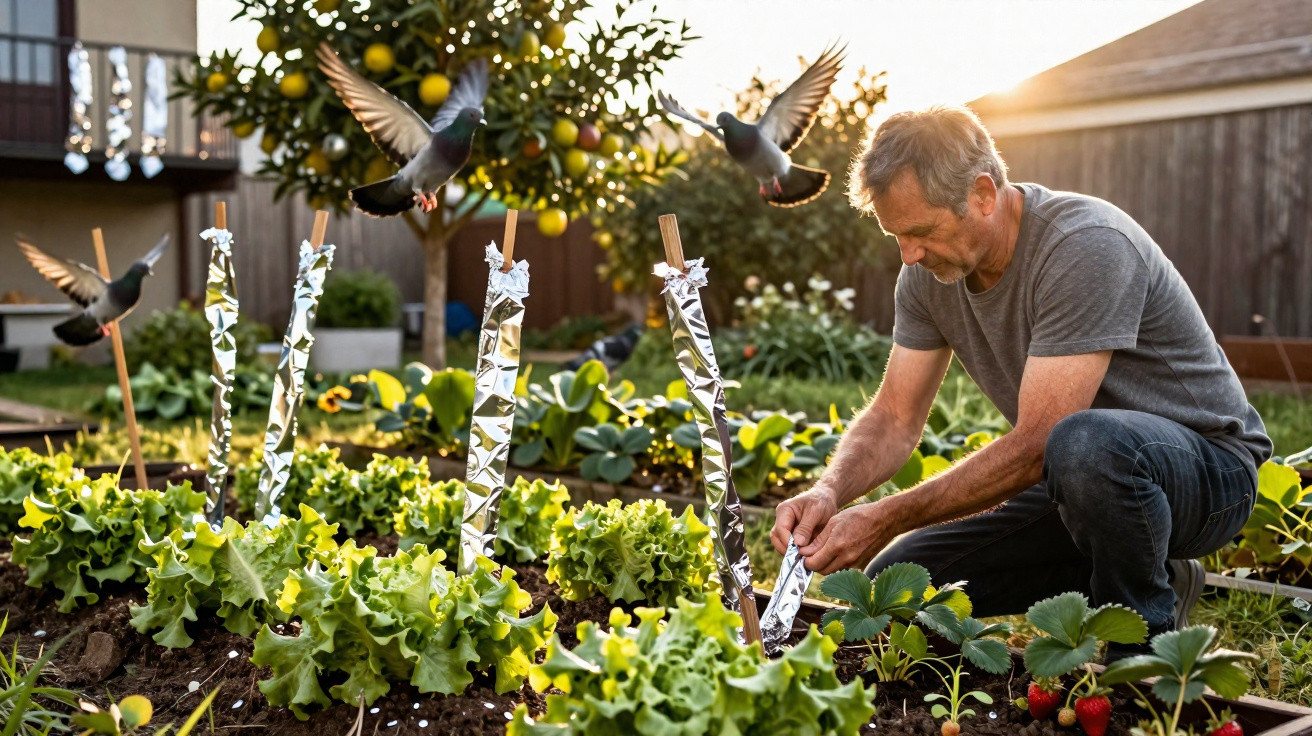 Homem cuidando de hortaliças em jardim enquanto pombos voam sobre plantas ao entardecer.