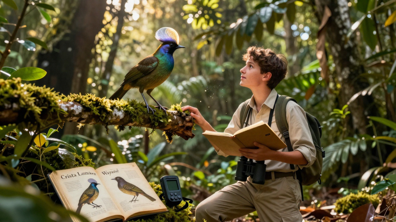 Jovem observador de pássaros com guia e binóculos interage com ave colorida na floresta.