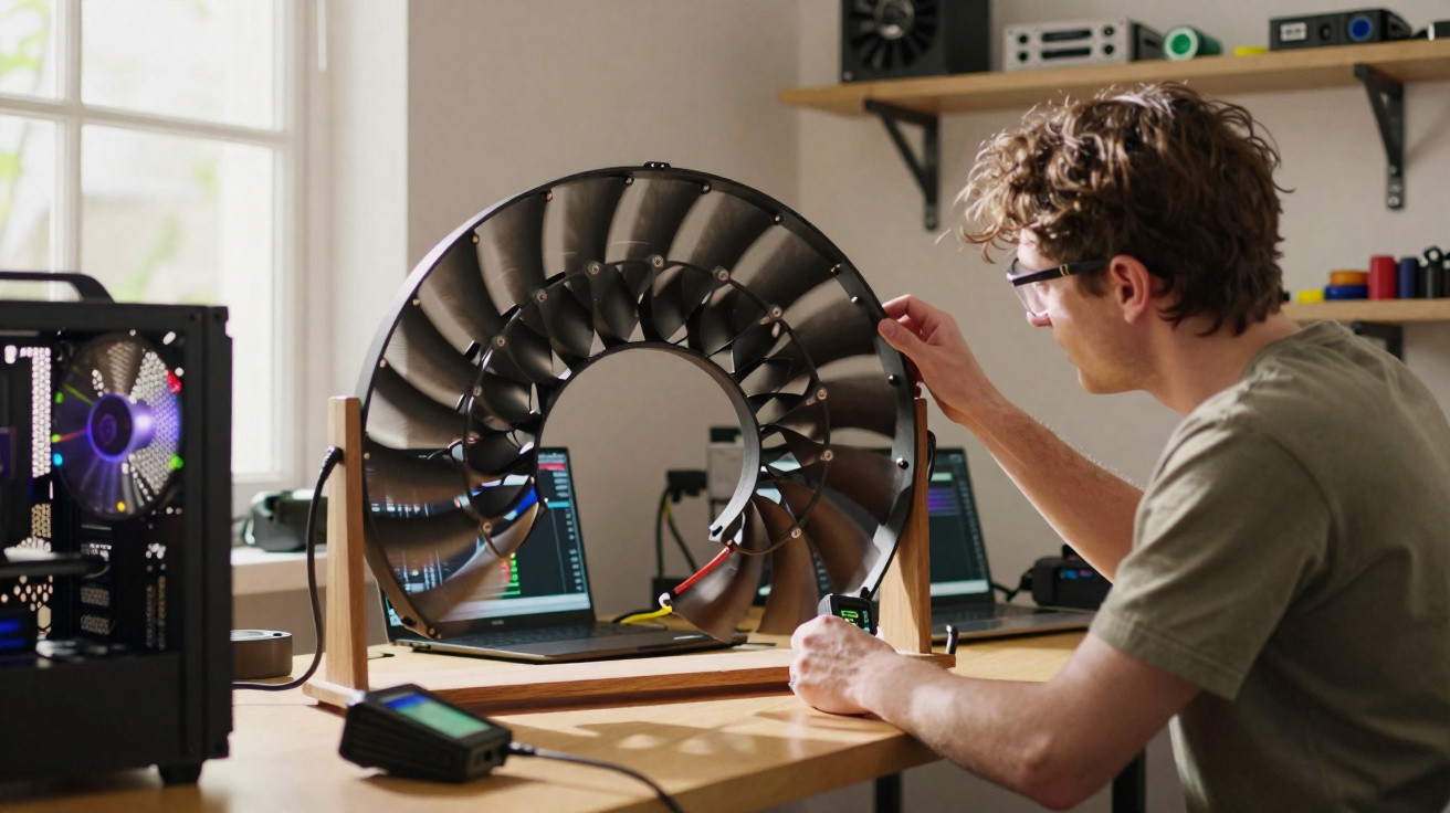 Homem observando modelo de ventilador helicoidal em mesa com equipamentos eletrônicos e laptop.