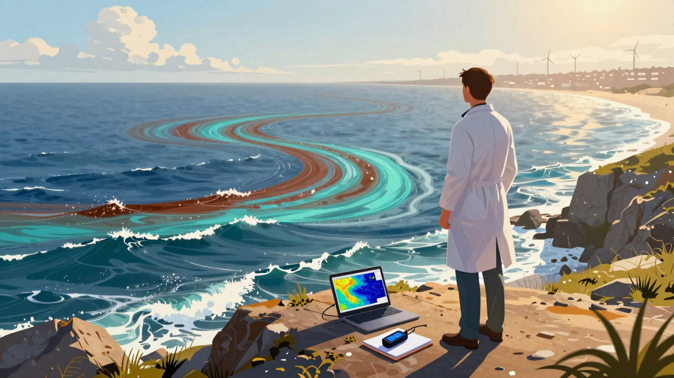 Homem de jaleco observa poluição marinha colorida enquanto usa computador em penhasco à beira-mar.