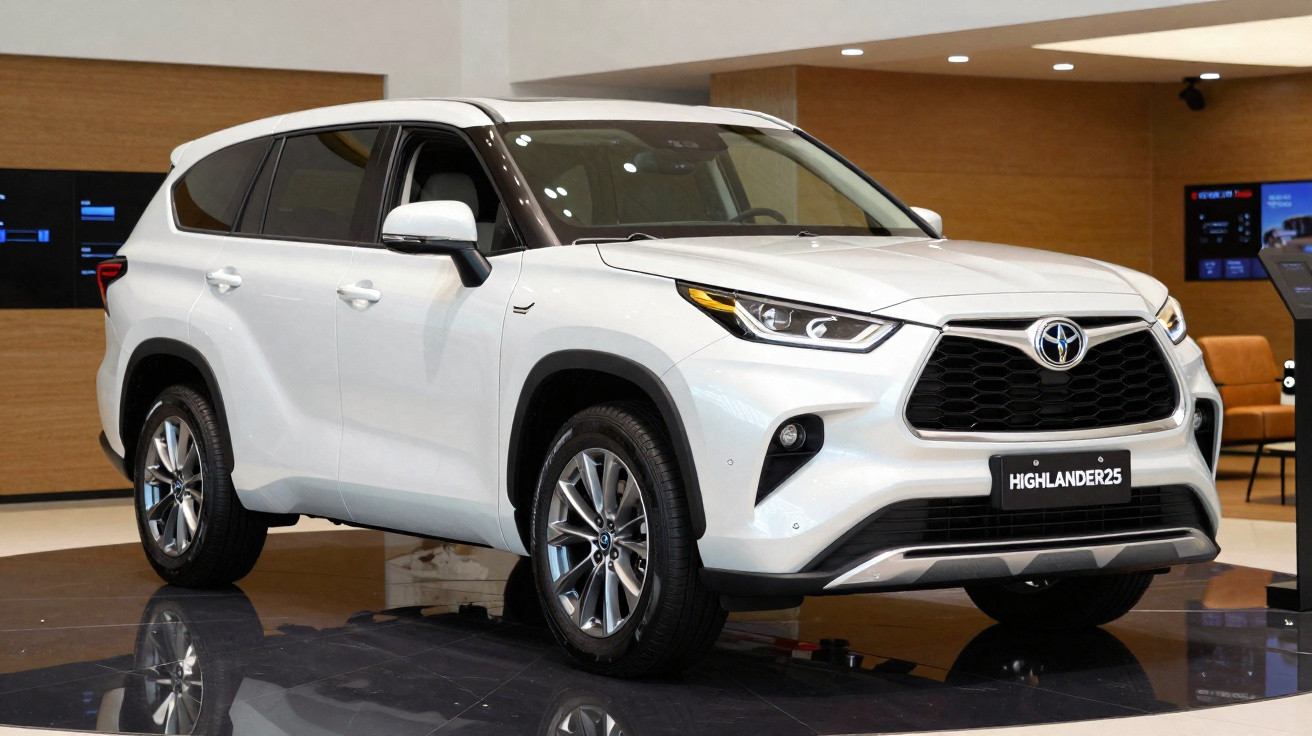 SUV branco Toyota Highlander 2025 em exposição com detalhes modernos e rodas de liga leve.