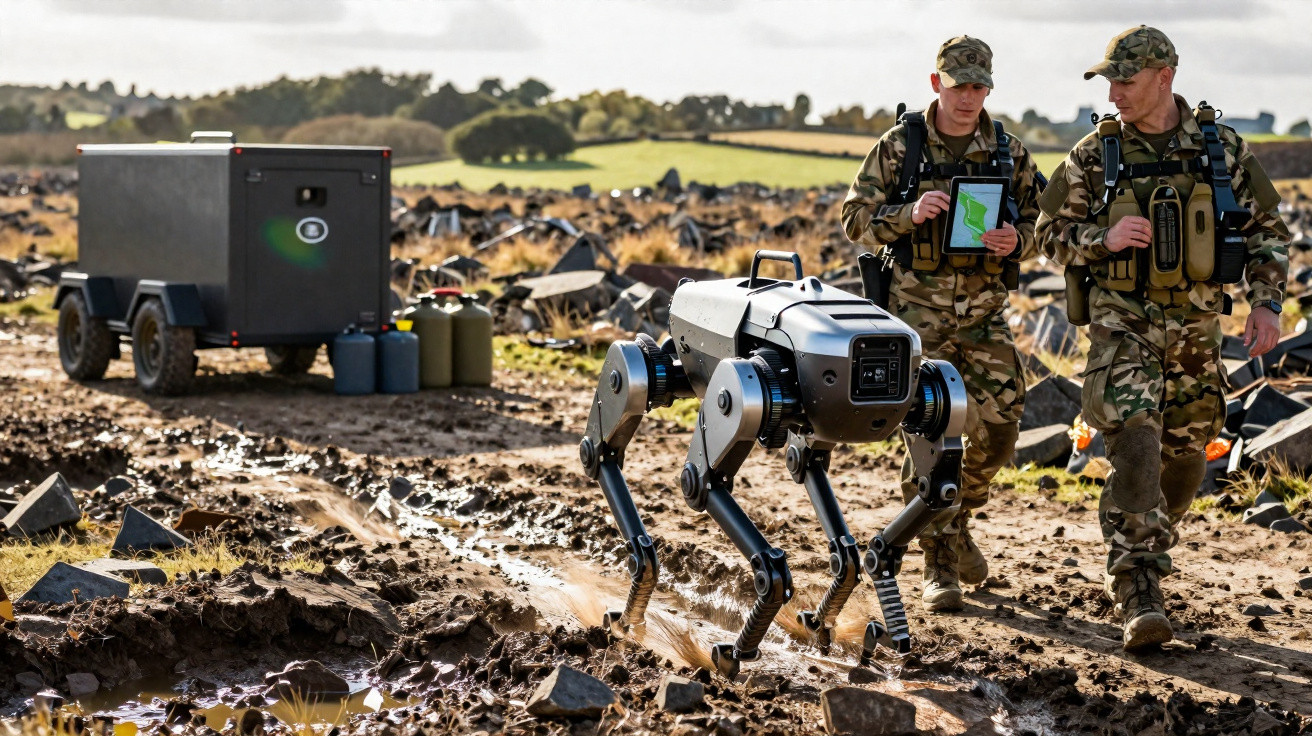 Dois soldados com uniforme camuflado acompanham robô quadrúpede em terreno lamacento com trailer e garrafas ao fundo.