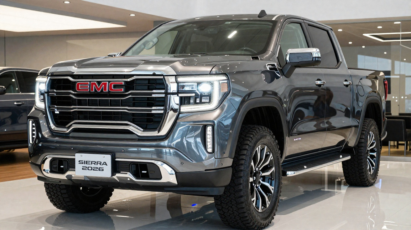 Picape GMC Sierra 2026 cinza para quatro passageiros em showroom moderno e iluminado.