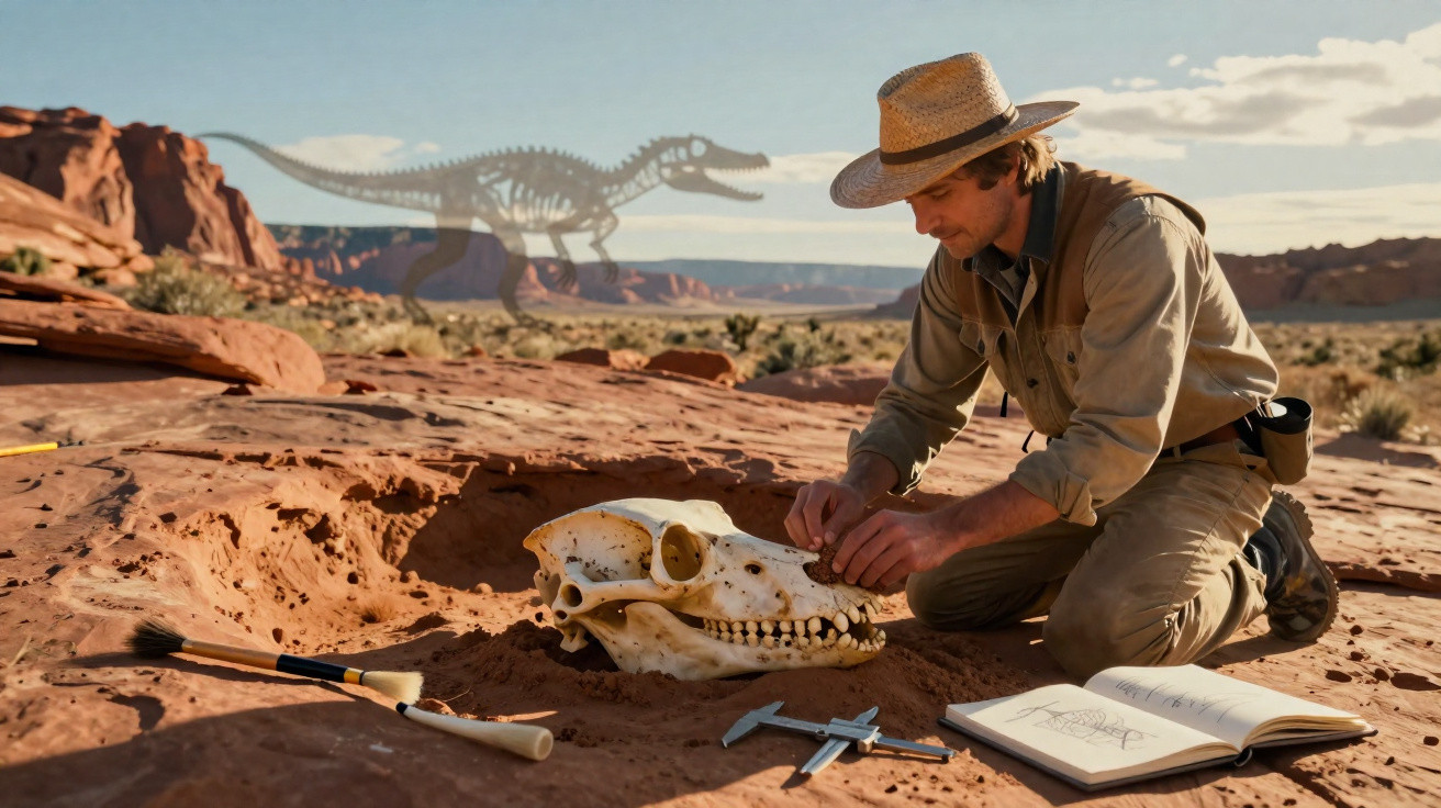 Homem escavando crânio de dinossauro no deserto, com ferramentas e caderno aberto ao lado.