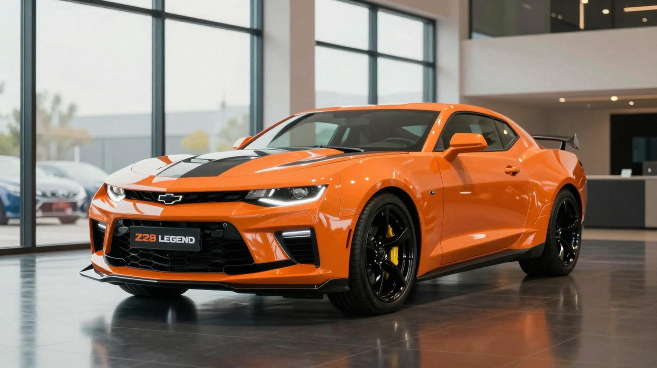 Carro esportivo Chevrolet Camaro Z28 Laranja com detalhes pretos em showroom moderno com janelas amplas.