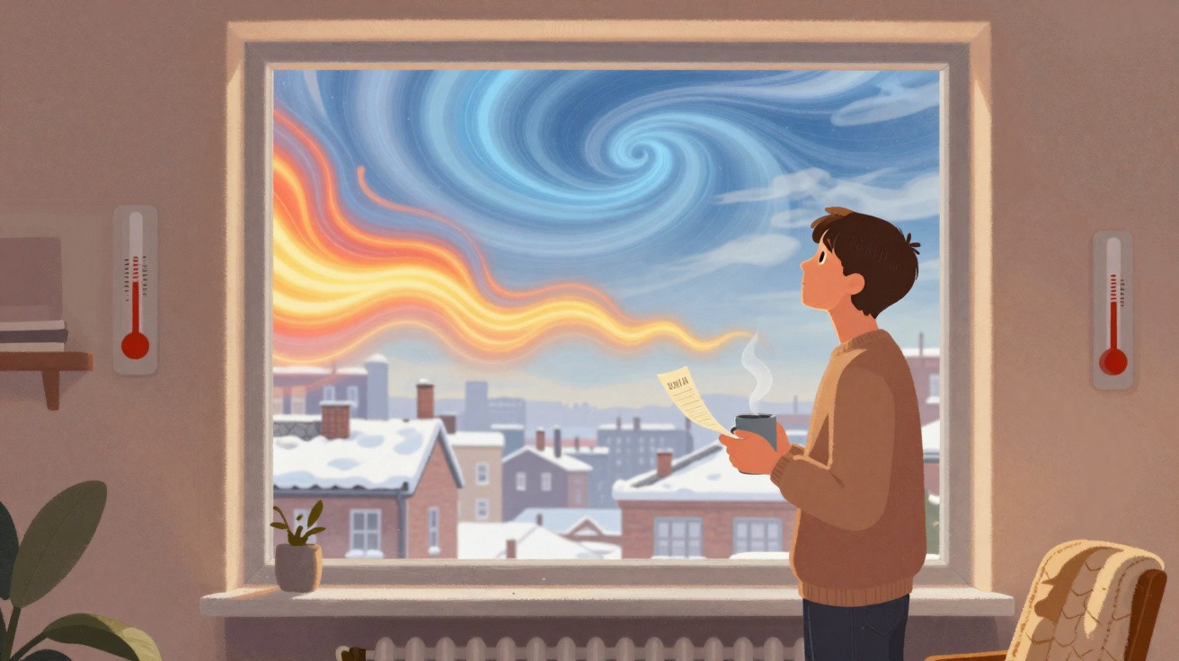 Pessoa olhando pela janela com céu azul e espiral, segurando xícara quente e papel, ambiente interno aconchegante.