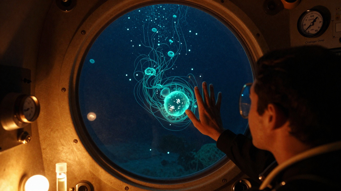 Pessoa observando águas-vivas fluorescentes através da janela circular de um submarino.