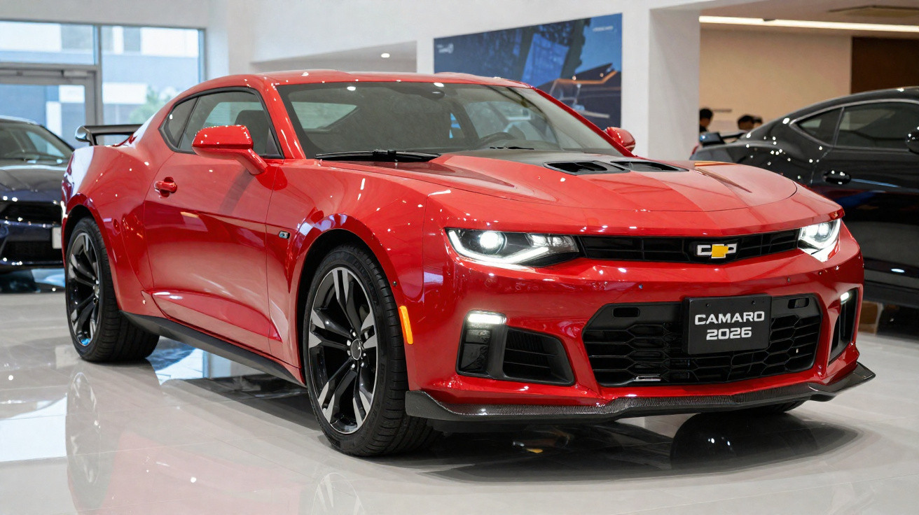 Carro esportivo vermelho Chevrolet Camaro 2026 exibido em showroom com iluminação interna.