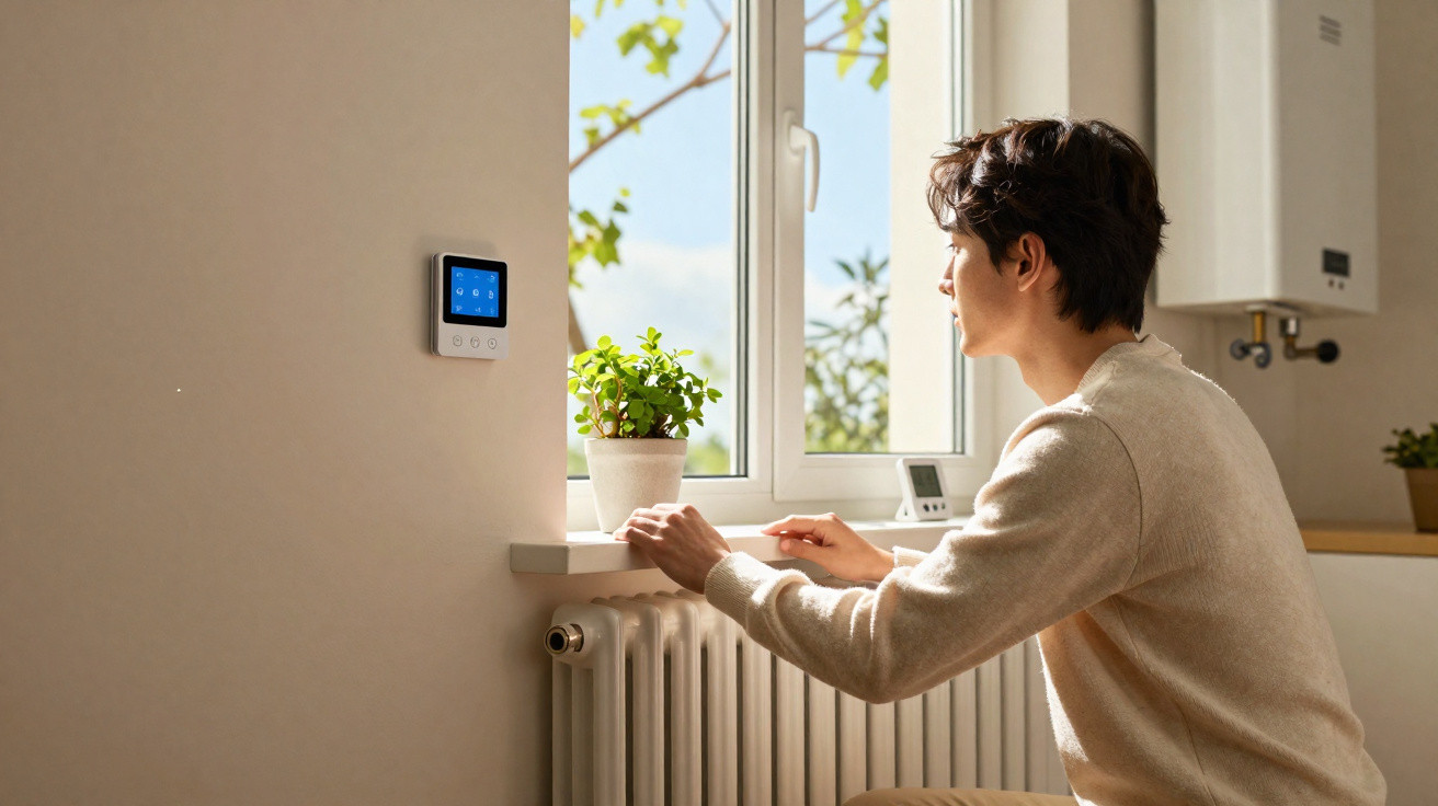 Pessoa ajusta termostato digital enquanto olha pela janela em ambiente claro e com planta próxima.