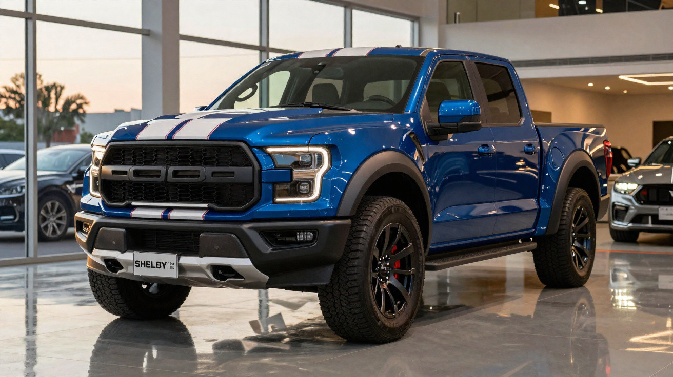 Picape azul Shelby Ford F-150 com faixas brancas, exibida em showroom com piso brilhante.