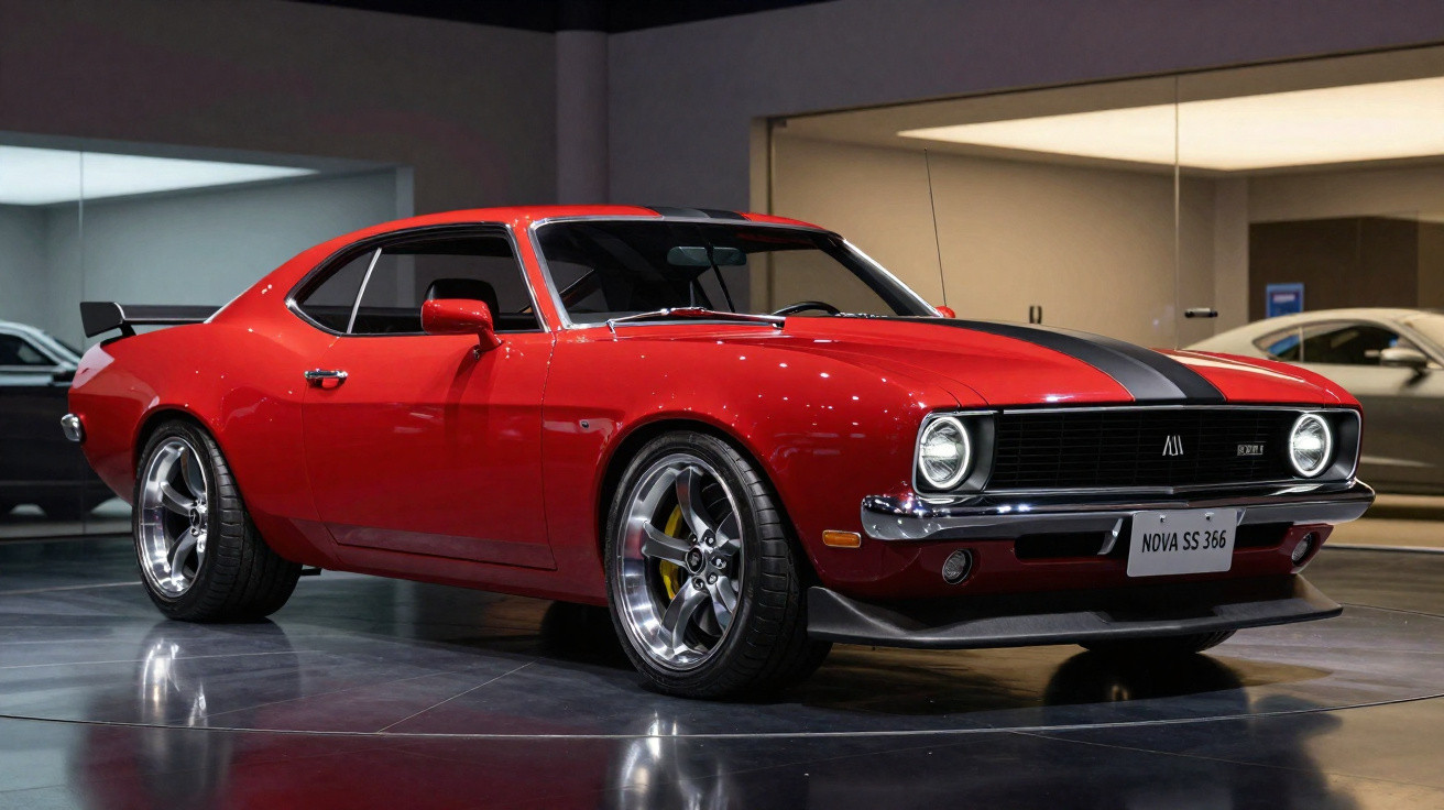 Carro esportivo clássico vermelho com faixa preta, rodas cromadas e placa "NOVA SS 366" em showroom.