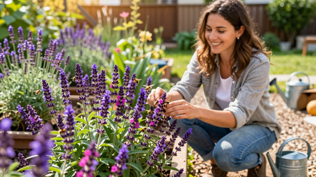 Mulher sorridente cuidando de flores roxas em jardim ensolarado com regadores ao redor.