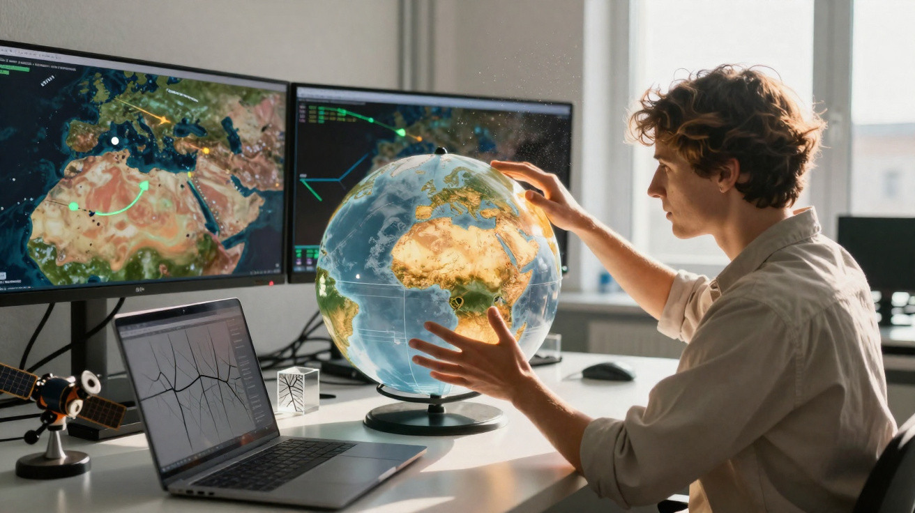 Jovem analisando um globo terrestre holográfico em escritório com dois monitores e notebook ao fundo.