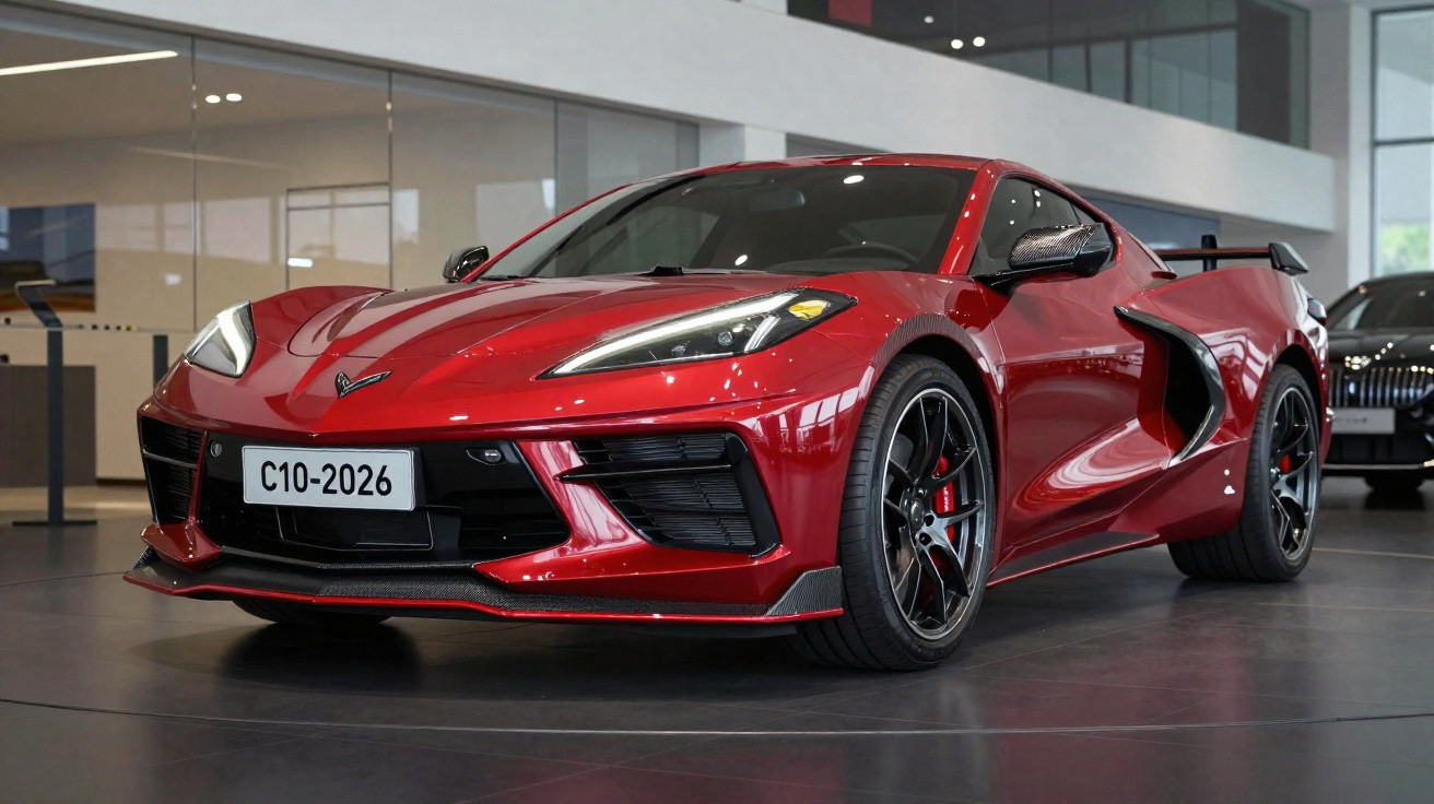 Carro esportivo vermelho brilhante com design aerodinâmico exibido em showroom moderno.