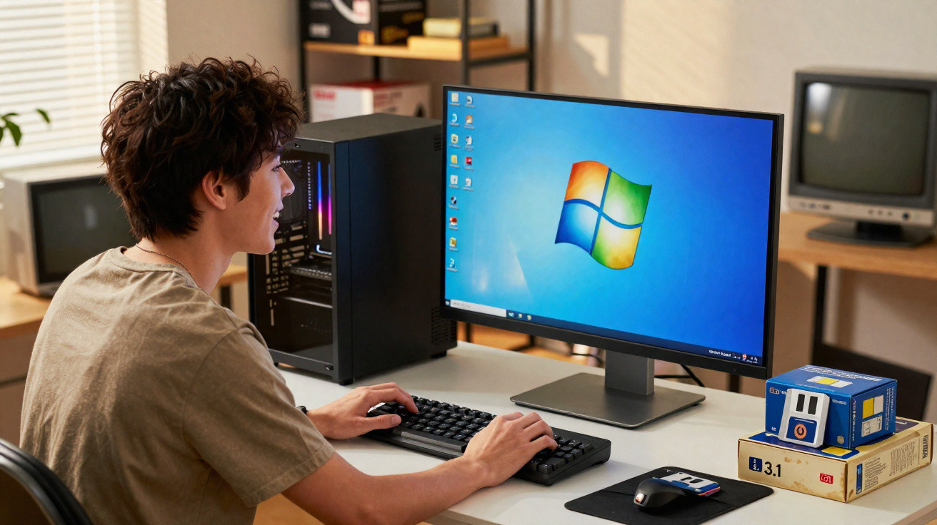 Homem jovem usando computador com tela do Windows 7 em mesa com acessórios e caixas antigas.