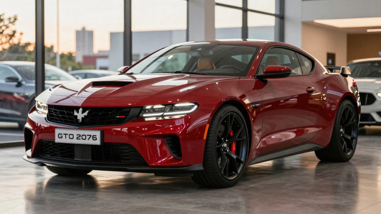 Carro esportivo vermelho GTO 2076 em showroom com rodas pretas e aerofólio traseiro.