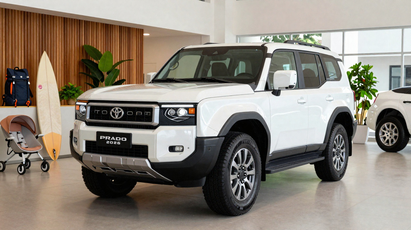 SUV Toyota Prado 2023 branca exposta em showroom moderno com decoração e acessório de surf.