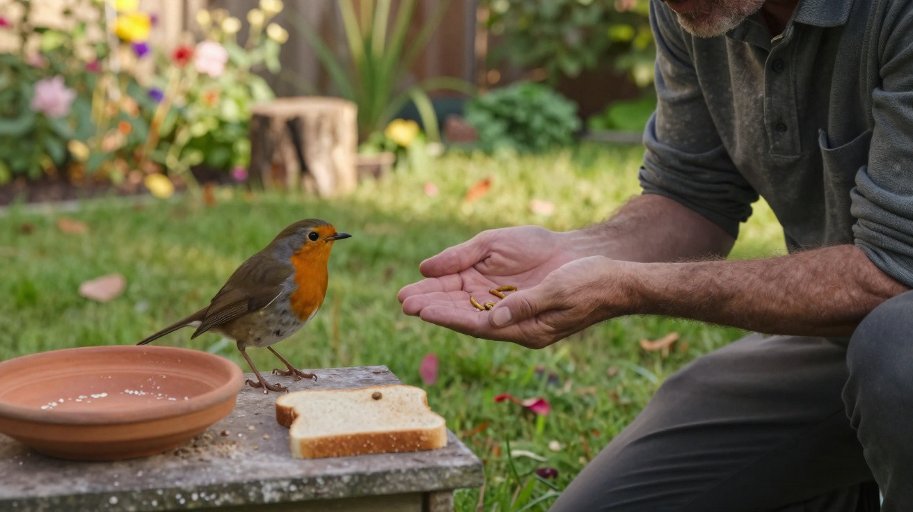 Pessoa alimentando um pássaro com minhocas em mãos, com pedaços de pão e um prato no jardim.