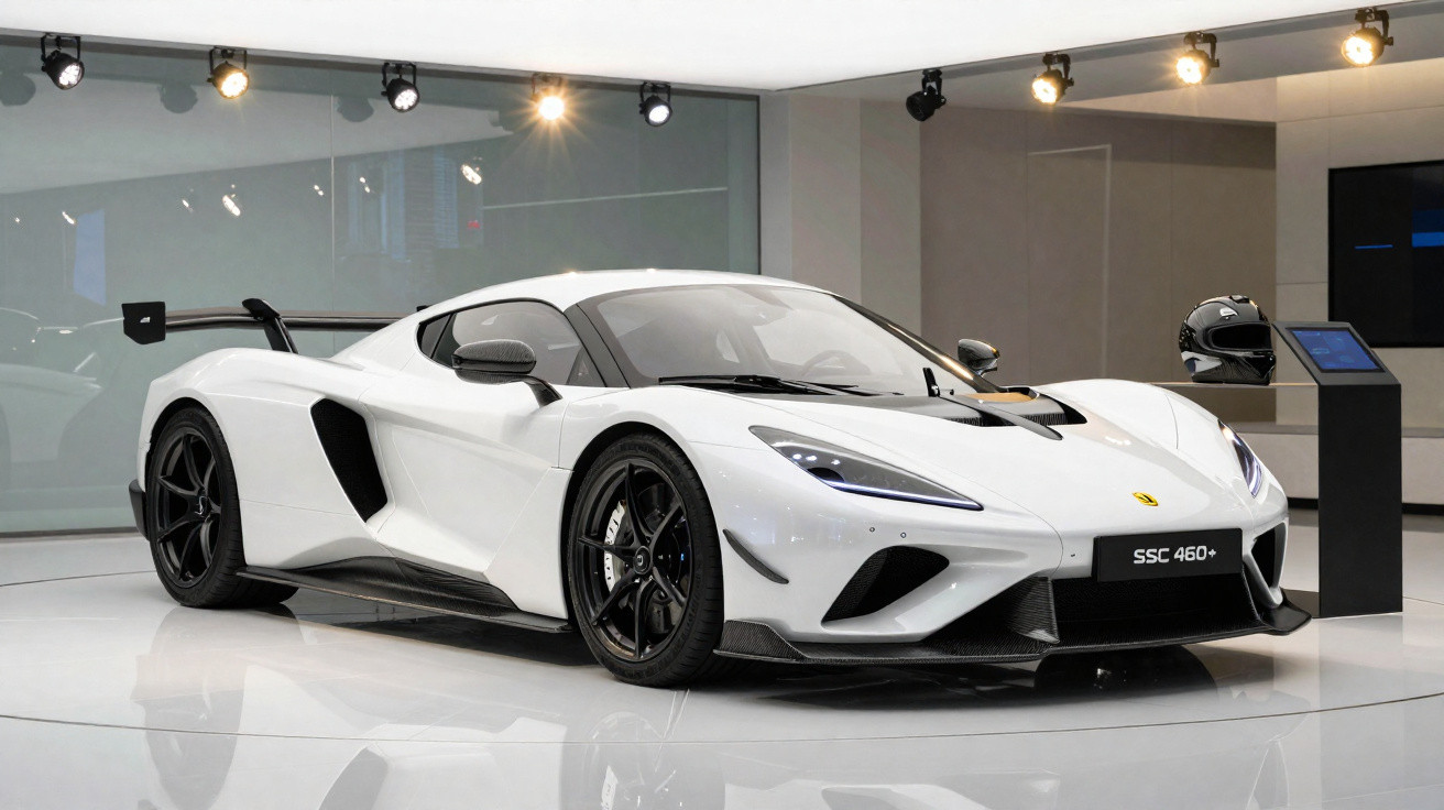Carro esportivo branco SSC 460+ exibido em showroom com iluminação e pedestal ao lado.