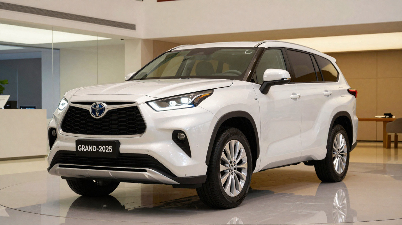 SUV branco Toyota Grand 2025 exibido em ambiente interno moderno e iluminado.