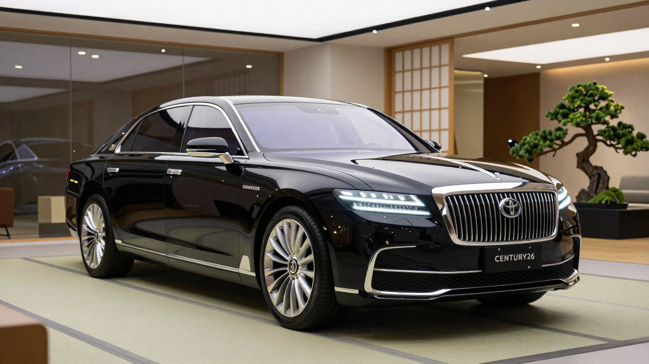 Carro preto Toyota Century 2026 luxo, em ambiente interno minimalista com planta decorativa.