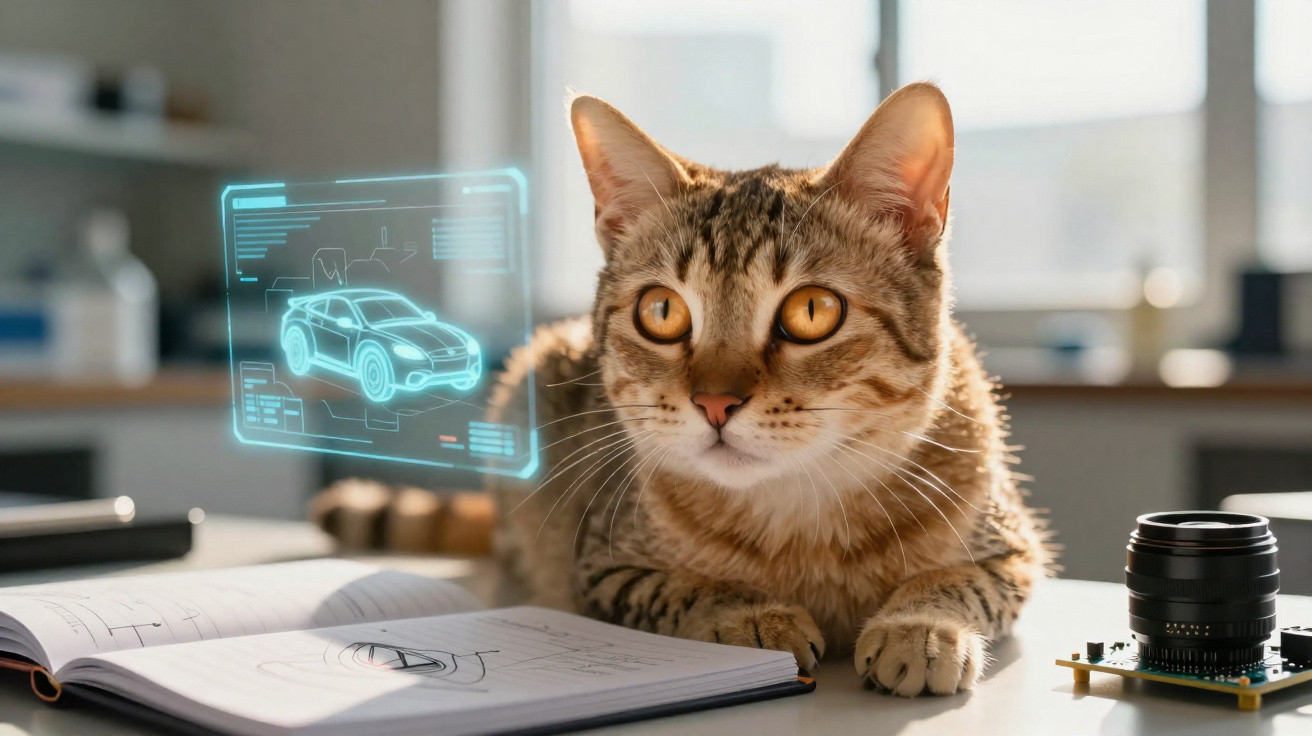 Gato olhando para frente sobre mesa com caderno aberto e projeção holográfica de carro em ambiente claro.