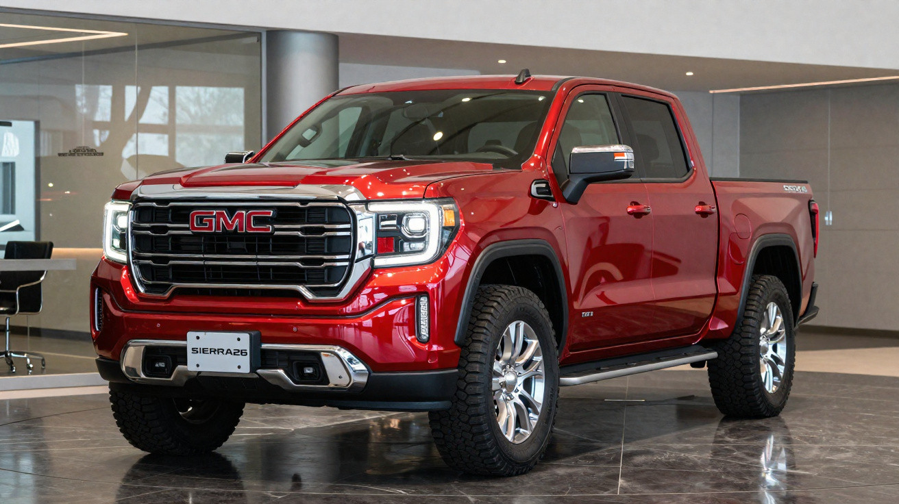 Picape vermelha GMC Sierra 26 estacionada em showroom com piso refletivo e paredes claras.