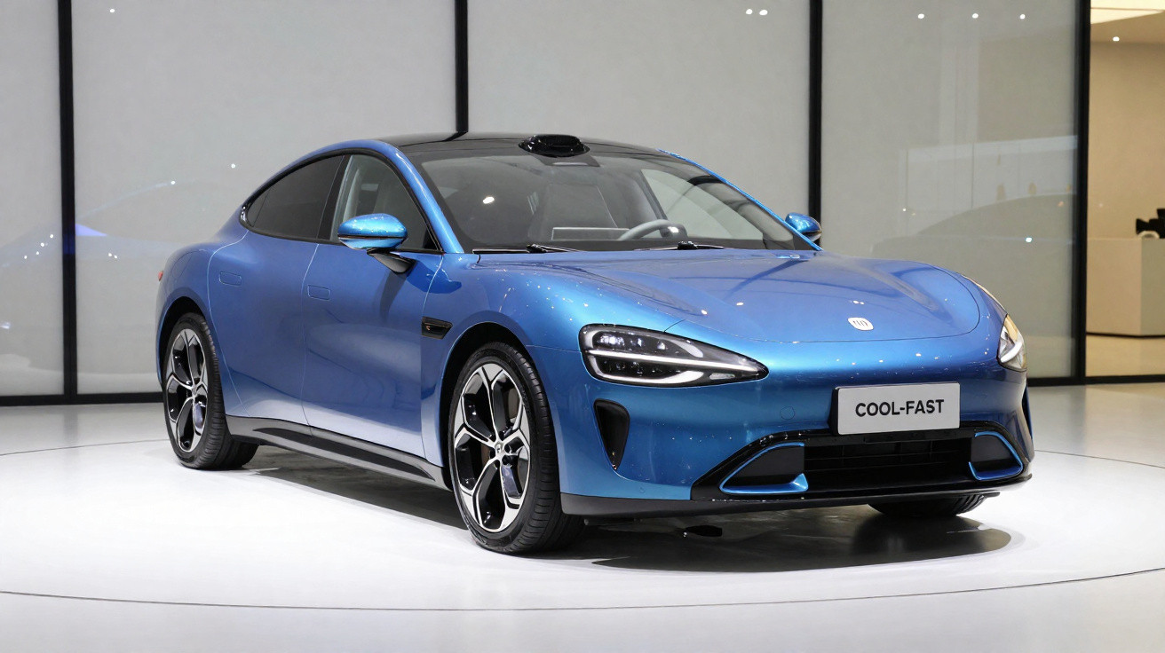 Carro esportivo elétrico azul modelo Cool-Fast exibido em ambiente interno moderno e iluminado.