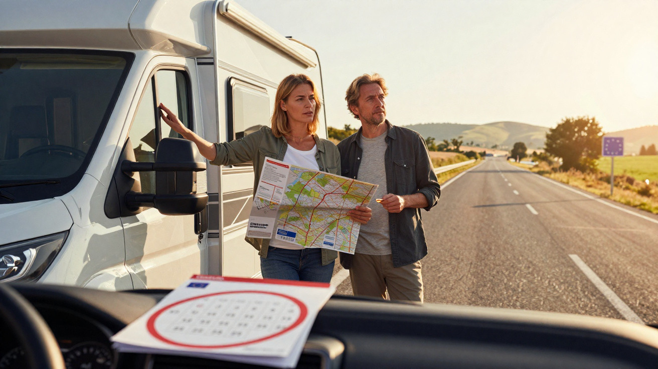 Casal ao lado de motorhome olhando mapa em estrada aberta durante pôr do sol.