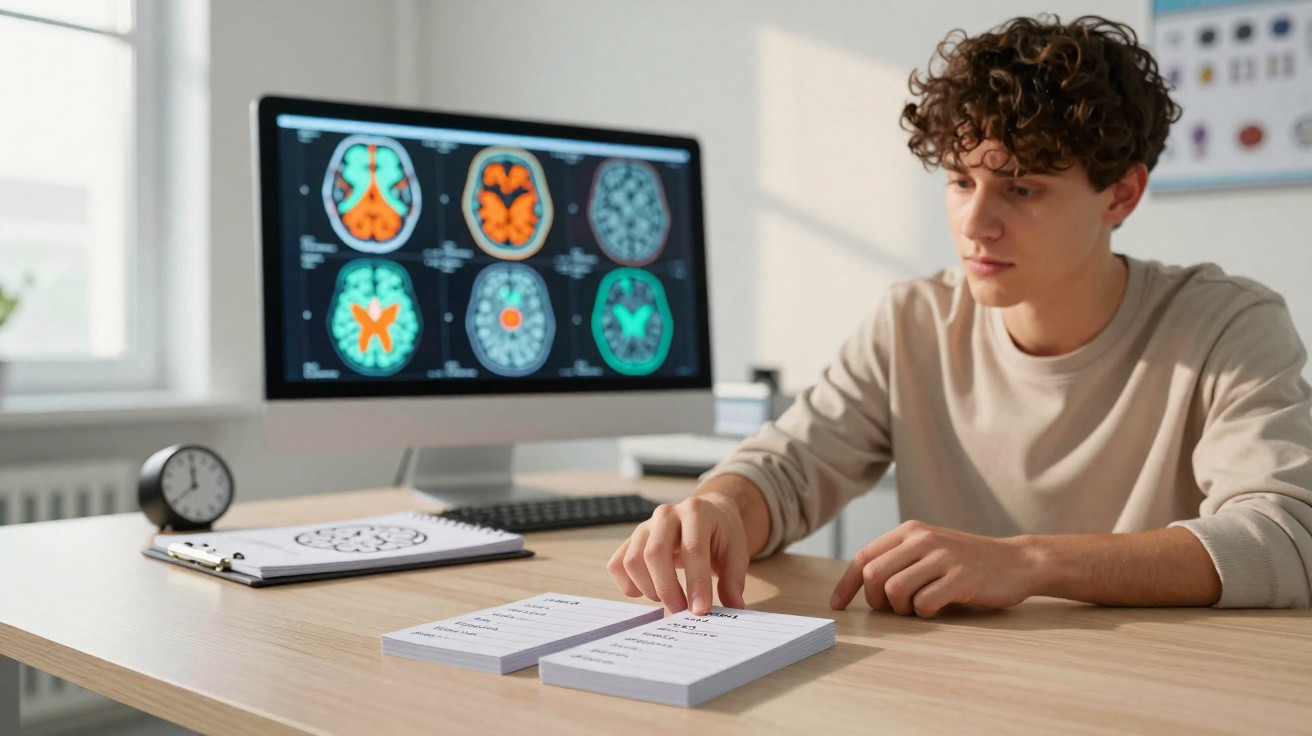 Jovem analisando cartas enquanto computador exibe imagens de exames cerebrais coloridos em ambiente clínico.