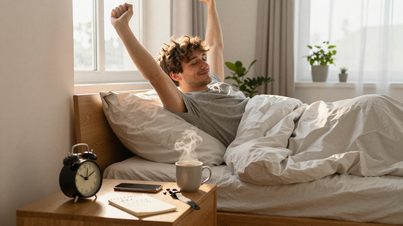 Homem acordando e espreguiçando-se na cama ao lado de mesa com relógio, celular, café e anotações.