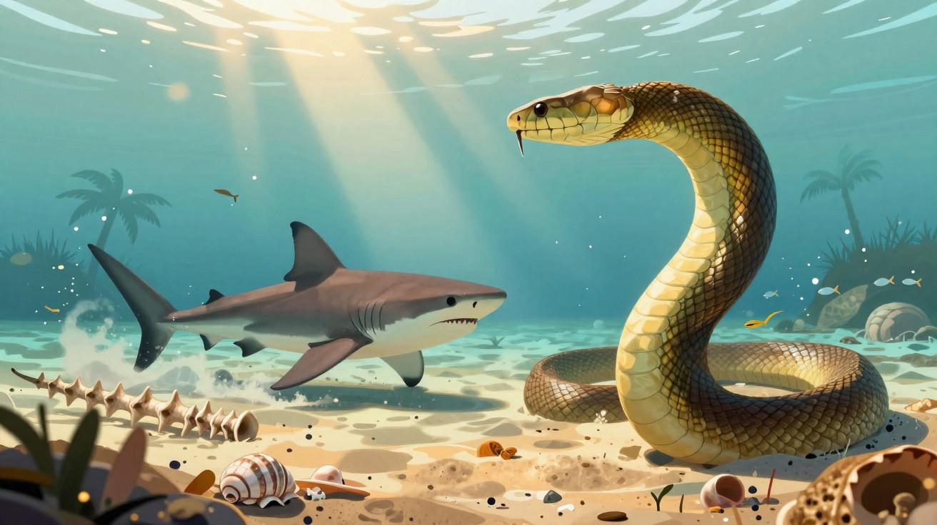 Serpente marinha encarando tubarão sob a luz do sol em fundo marinho com conchas e plantas.