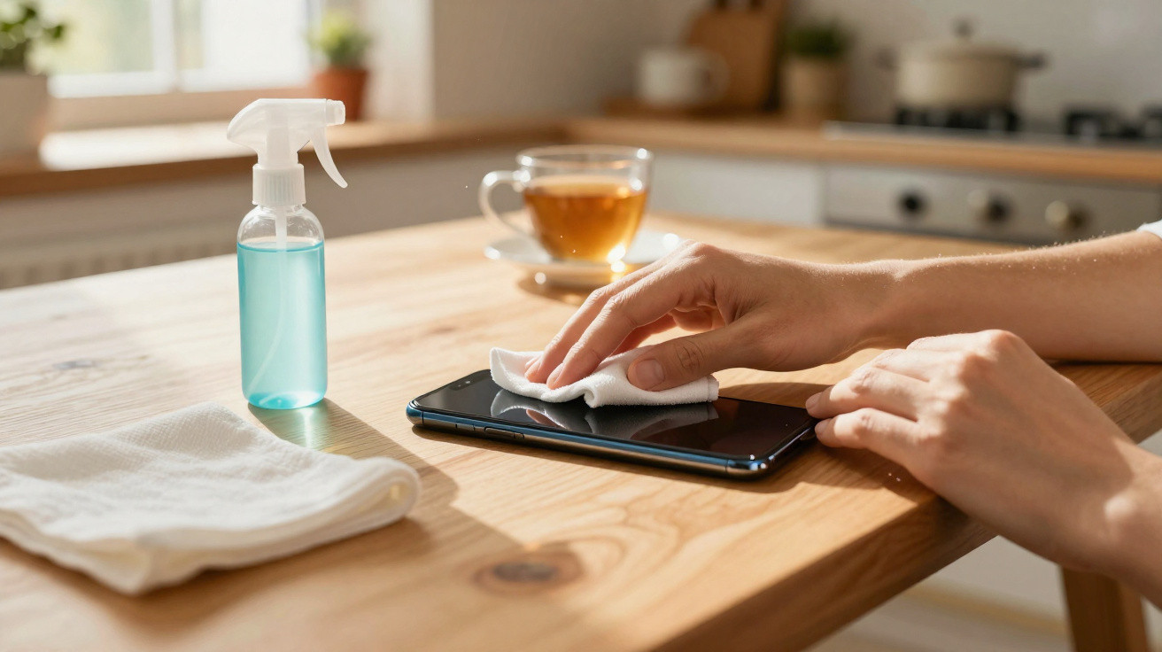 Mãos limpando a tela de um celular com pano, spray de limpeza e xícara de chá ao fundo em mesa de madeira.