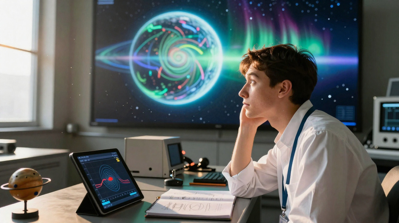Jovem cientista observa tela com imagem colorida de galáxia enquanto estuda gráficos em tablet e caderno.