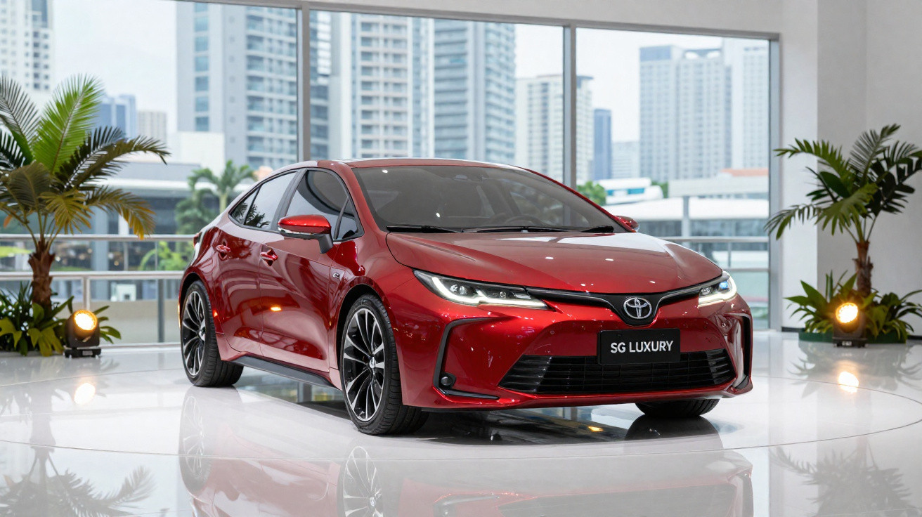 Carro vermelho Toyota SG Luxury exibido em showroom moderno com plantas e prédios ao fundo.