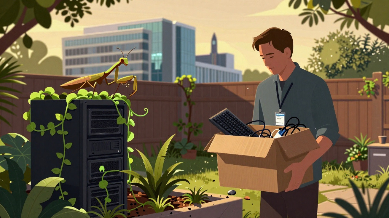 Homem triste levando caixa de itens de trabalho em jardim, com lagarta sobre torre de computador.