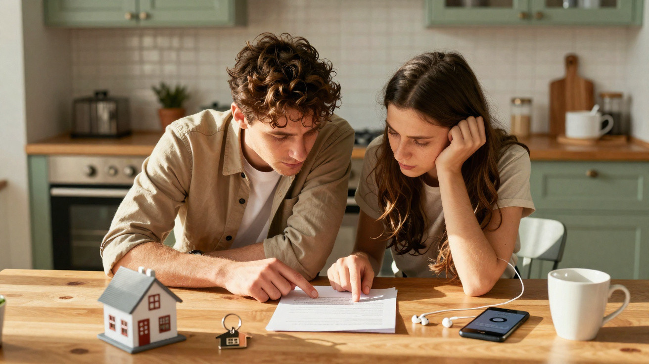 Casal jovem analisando documento em mesa de cozinha com miniatura de casa e chave.