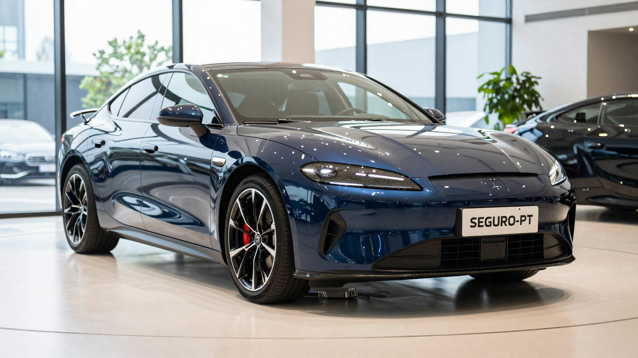 Carro esportivo azul escuro exibido em showroom moderno com grandes janelas de vidro.