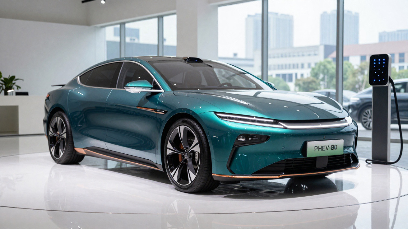 Carro elétrico sedã verde com design moderno exposto em showroom com estação de recarga.