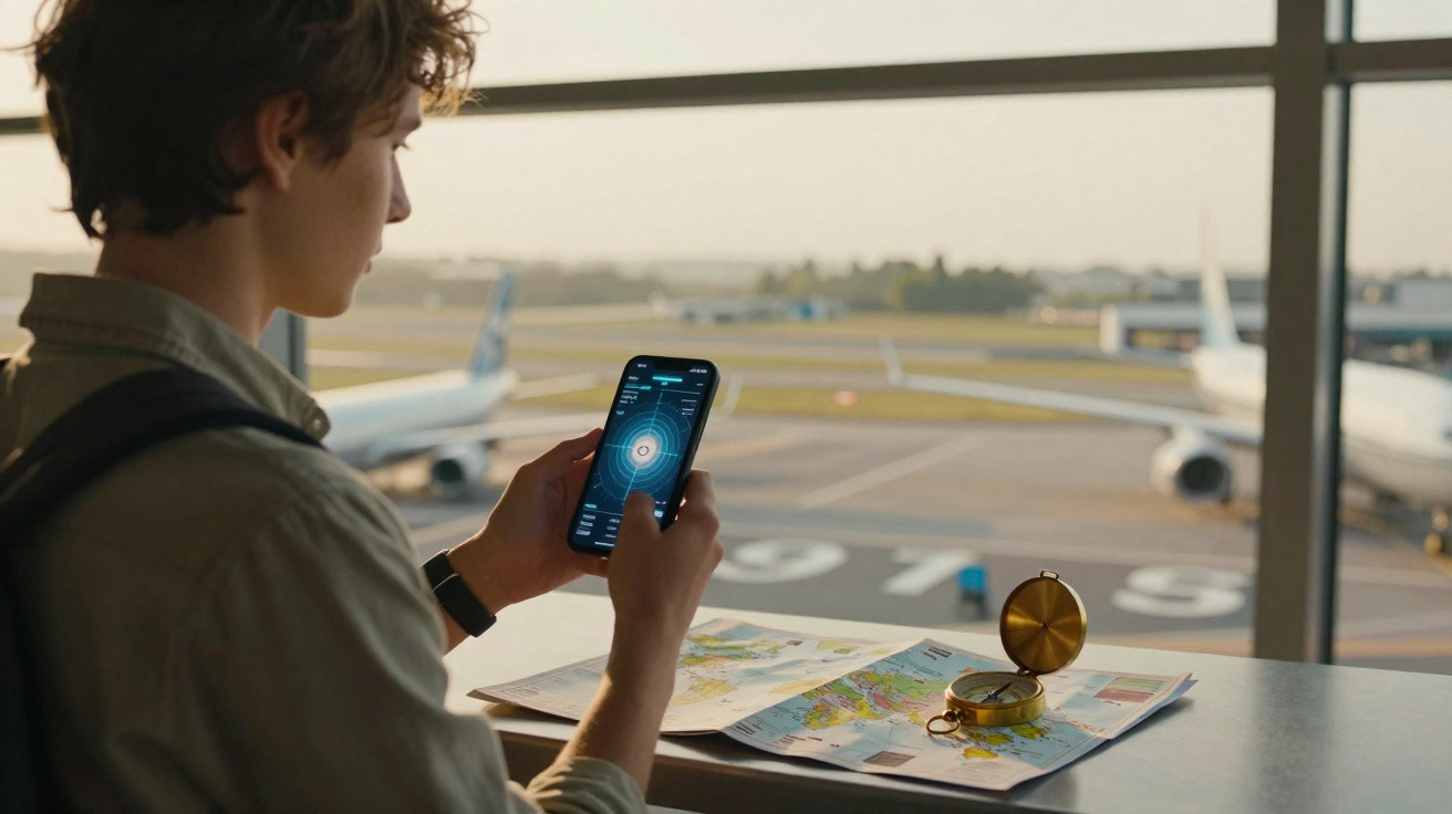 Jovem em aeroporto usando celular para rastrear voo, com mapa e bússola sobre a mesa.