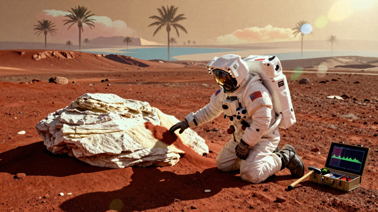 Astronauta em traje branco examina rocha vermelha em terreno árido com palmeiras ao fundo.