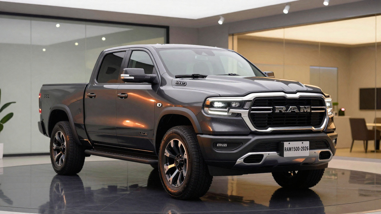 Picape RAM 1500 2026 cinza estacionada em ambiente interno moderno e iluminado.