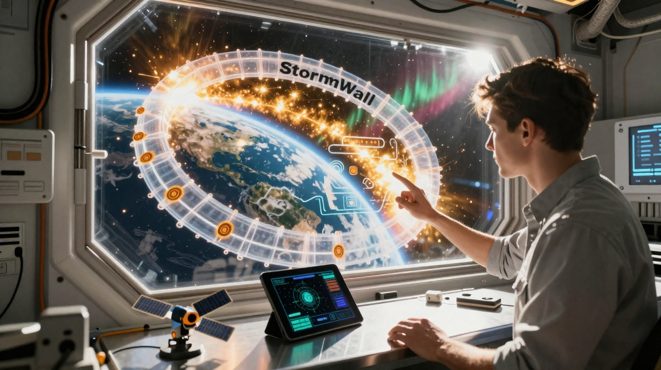 Homem operando sistema holográfico de monitoramento espacial com visão da Terra e dados digitais na estação espacial.