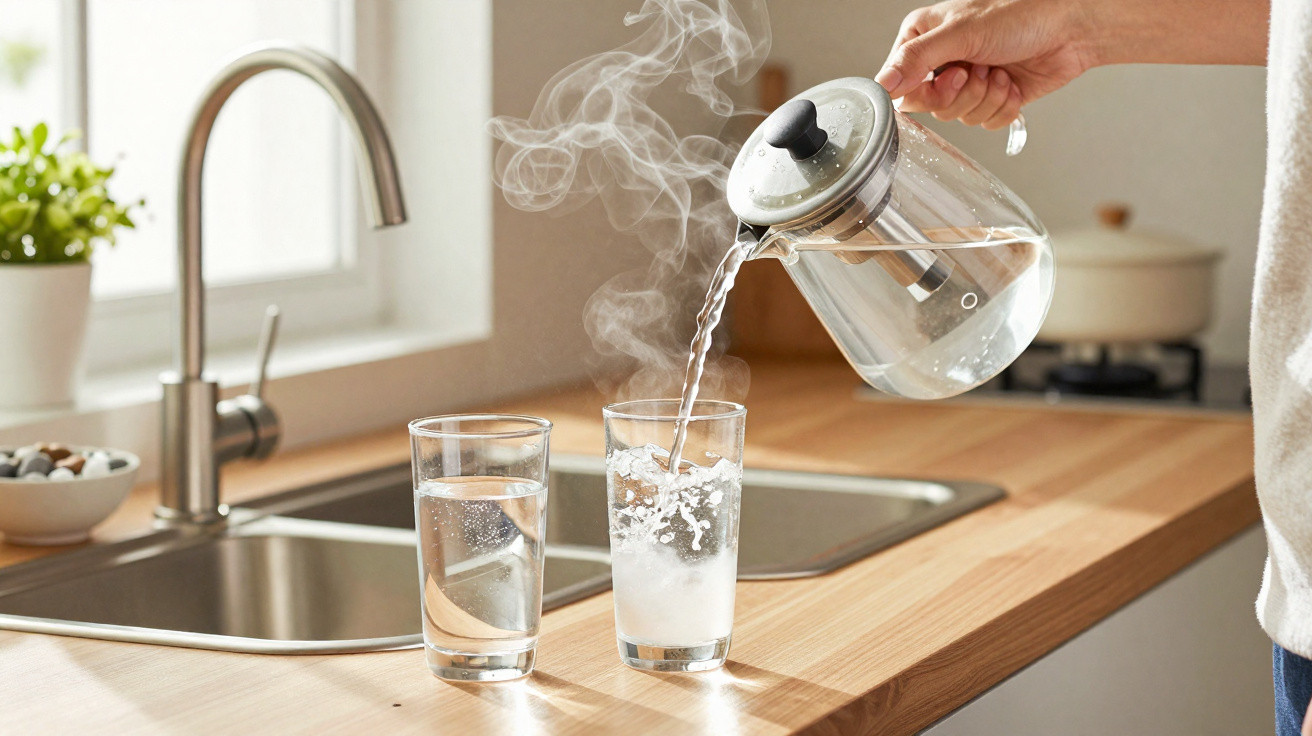 Pessoa despejando água quente em copo de vidro na cozinha com pia e bancada de madeira.